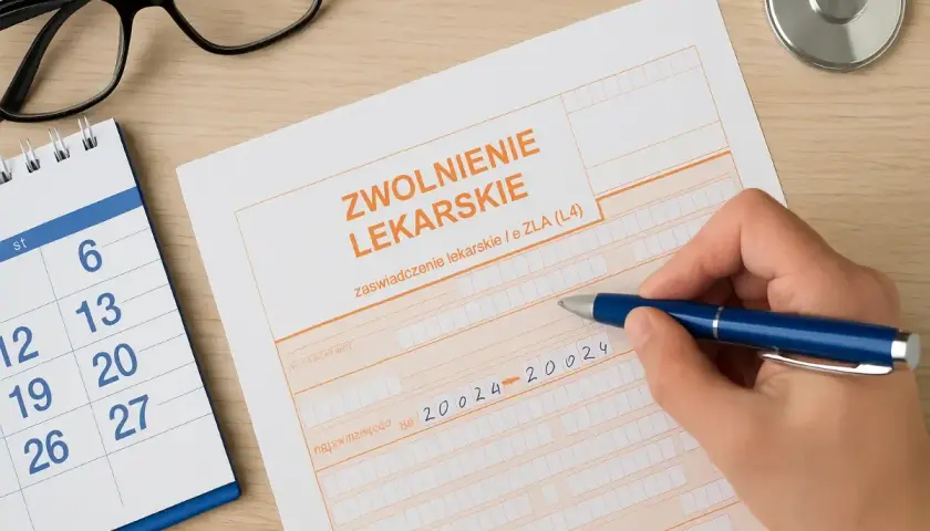 Dłoń pisze długopisem na druku zwolnienia lekarskiego obok kalendarza i okularów.