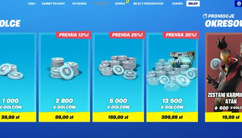 Kup V-dolce w Fortnite, aby zdobyć przedmioty kosmetyczne. Dostępne pakiety z premią, np. 13500 V-dolców z bonusem 35%.