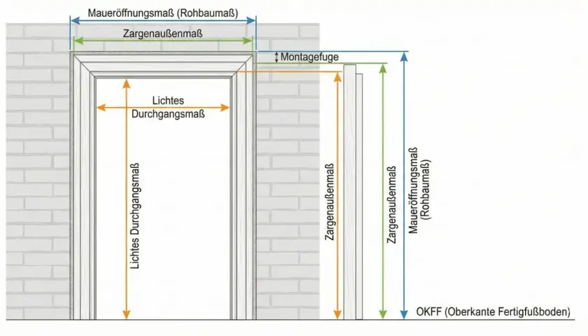 Schema zur Ermittlung von Türmaßen nach DIN 18100: Mauer-, Zargen- und lichte Durchgangsmaße werden dargestellt.