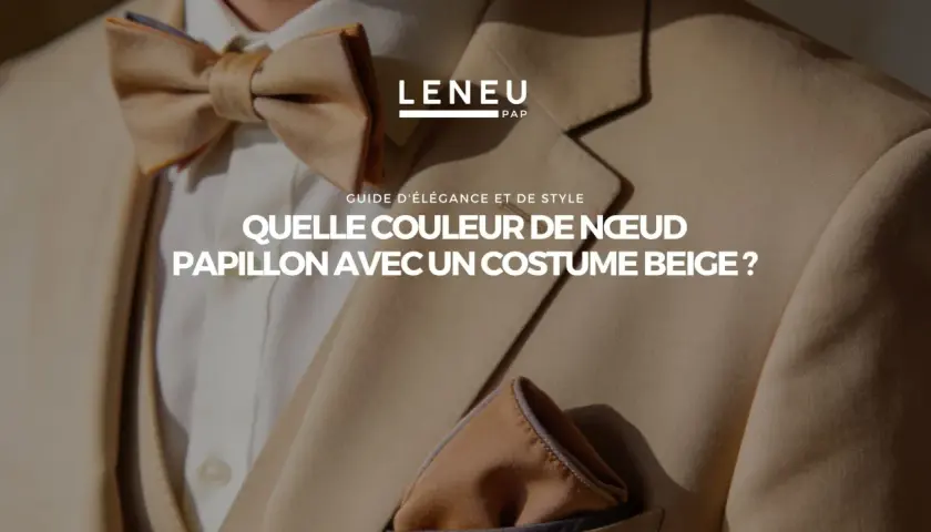 Un homme porte un costume beige avec un nœud papillon assorti. La question "Quelle couleur de nœud papillon avec un costume beige ?" est affichée.