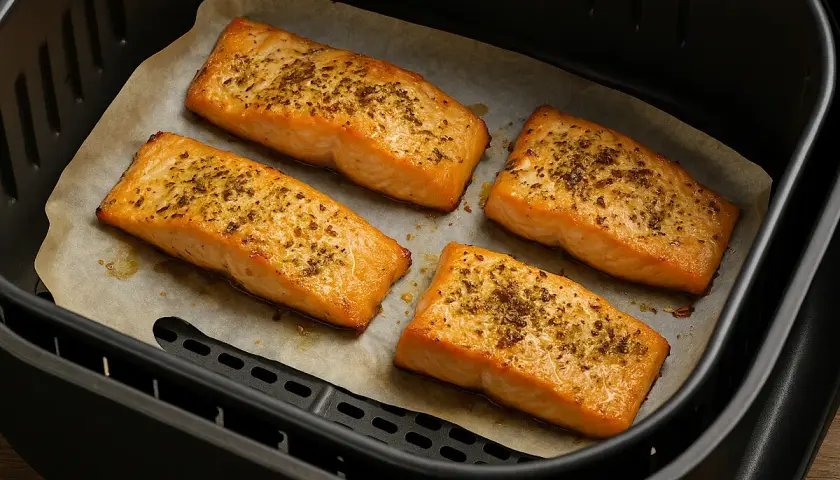 Quattro filetti di salmone dorati e conditi, pronti per essere gustati, appena usciti dalla friggitrice ad aria.