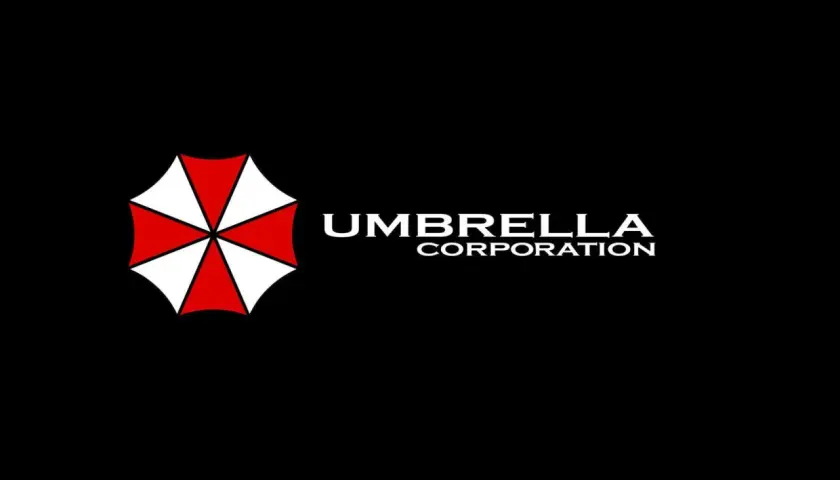 Logo Umbrella Corporation: czerwono-biały symbol parasola i napis.