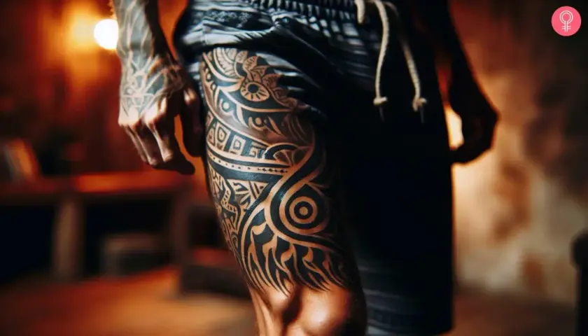 Męskie tatuaże tribal na udzie, pełne symboliki i wzorów.
