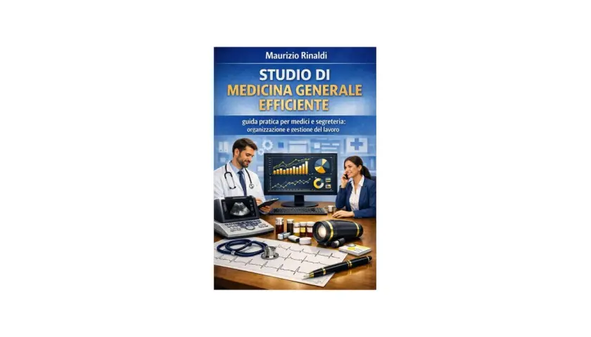 Medico e impiegata studio medico collaborano per una gestione efficiente. Sul tavolo, ecografo, stetoscopio e grafici.