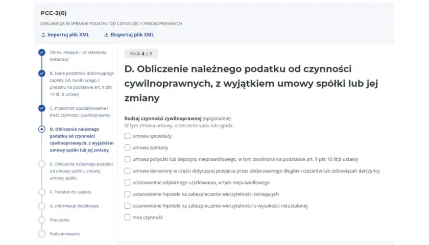 Formularz PCC-3(6) z zaznaczonym krokiem D. Obliczenie należnego podatku od czynności cywilnoprawnych, z wyjątkiem umowy spółki lub jej zmiany.