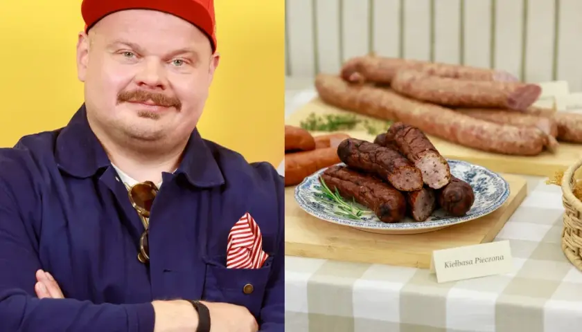Jaka kiełbasa do żurku? Na zdjęciu mężczyzna w czerwonej czapce i obok talerz z pieczoną kiełbasą, idealną do żurku.
