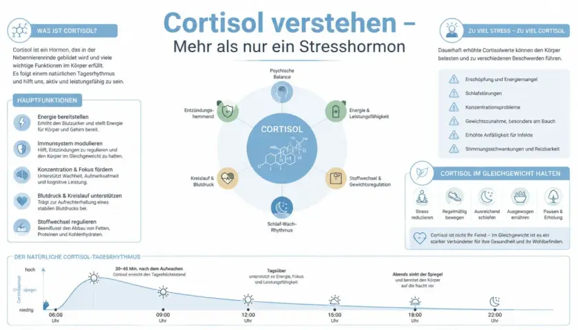 Infografika o kortyzolu: jego funkcje, wpływ stresu i jak utrzymać go w równowadze. Badanie poziomu kortyzolu jest kluczowe.