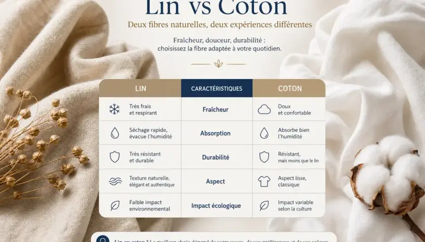 Comparaison lin et coton : le lin, matière naturelle, offre fraîcheur et durabilité. Tableau comparatif des caractéristiques.