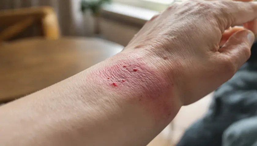 Poignet rouge et irrité, avec des petites cloques, comme une cicatrice qui brûle.