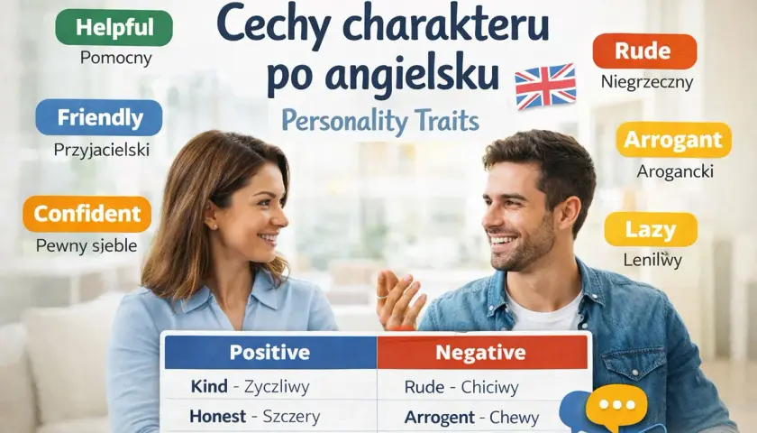Uśmiechnięci ludzie omawiają cechy charakteru po angielsku. Obrazek pokazuje słowa jak "Friendly" i "Arrogant", opisując osobowość.