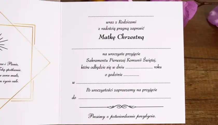 Zaproszenie na uroczyste przyjęcie Sakramentu Pierwszej Komunii Świętej. Wzór zaproszenia dla Matki Chrzestnej.