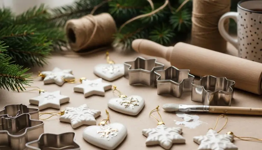 Białe ozdoby choinkowe w kształcie gwiazdek i serc, wykrawaczki do ciastek, pędzel i masa porcelanowa tworzą świąteczną atmosferę.