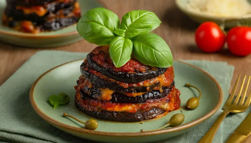 Ein gestapeltes Parmigiana di melanzane mit Basilikum, Kapern und Tomaten auf einem grünen Teller.