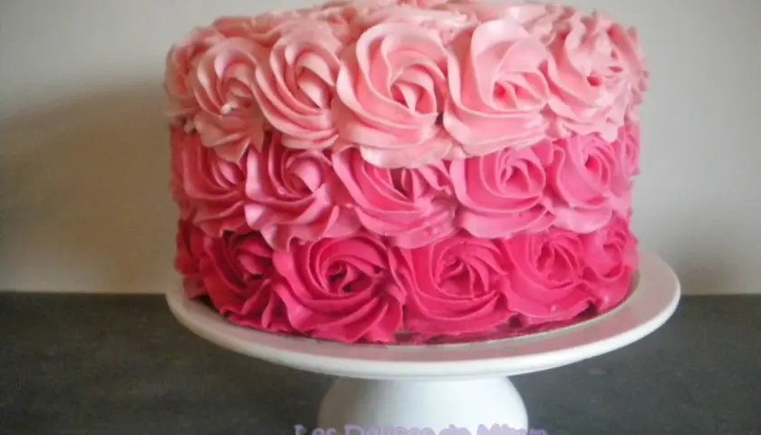 Gâteau rond décoré de roses en crème rose, du plus foncé au plus clair. Un délice visuel !