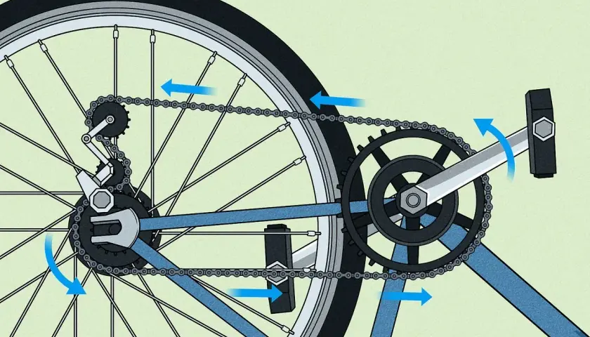 Diagram showing how to replace bike chain. Arrows indicate movement of chain and crank.