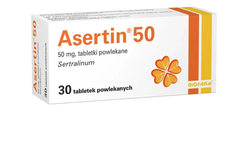 Opakowanie leku Asertin 50 mg, zawierające 30 tabletek powlekanych z sertraliną.