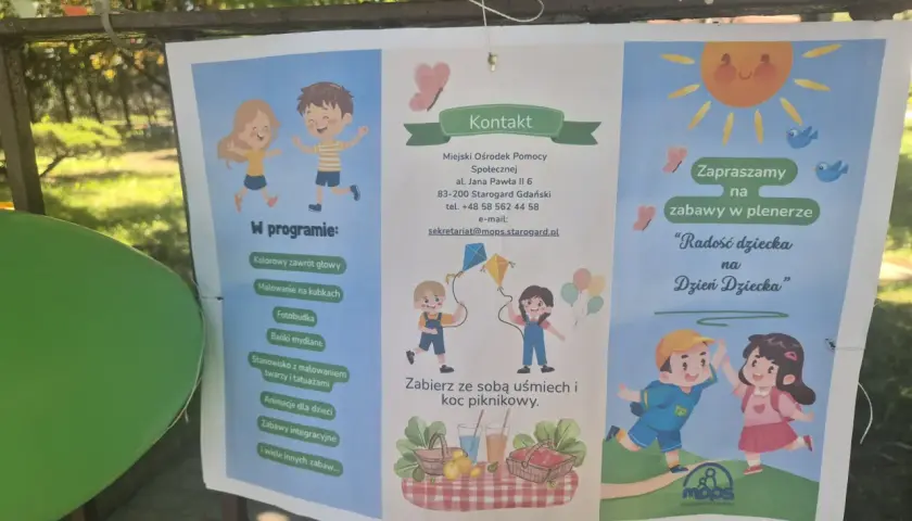 Plakat zapraszający na plenerowe zabawy z okazji Dnia Dziecka, organizowane przez MOPS Starogard Gdański. W programie m.in. malowanie twarzy, bańki mydlane i zabawy integracyjne. To wspaniały projekt socjalny!