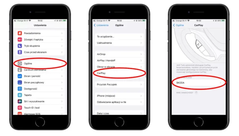 Konfiguracja CarPlay iOS na iPhonie: Ustawienia > Ogólne > CarPlay. Wybierz swój samochód, np. SKODA, aby połączyć.