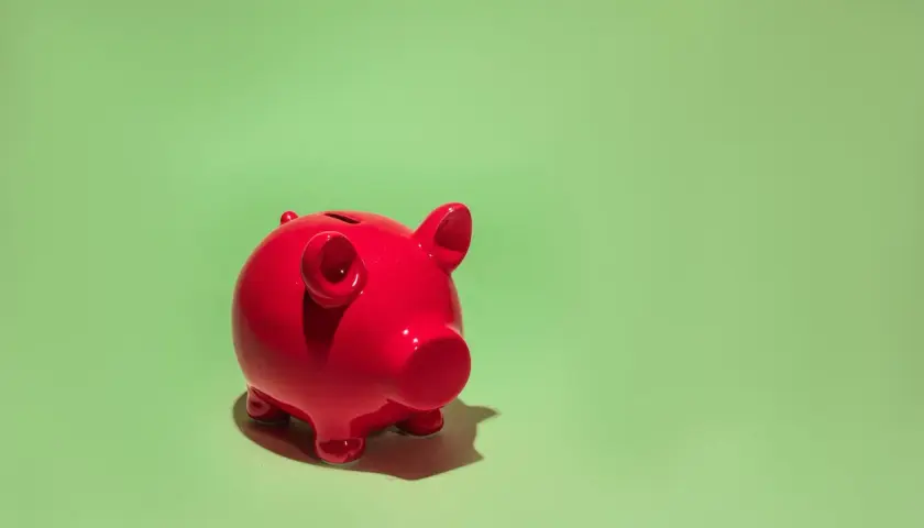 Czerwona świnka skarbonka na zielonym tle. Jak udokumentować wkład własny do kredytu? Oszczędzaj!