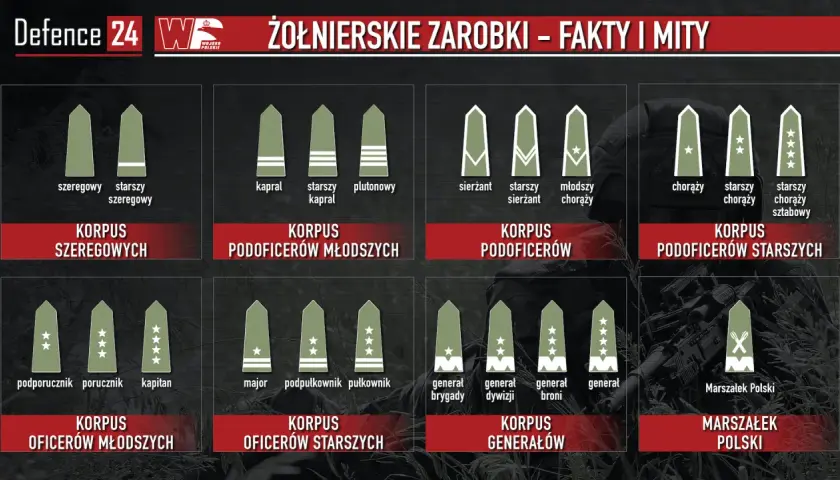 Grafika przedstawia stopnie wojskowe Wojska Polskiego, od szeregowego do Marszałka Polski, w tym stopnie podpułkowników.