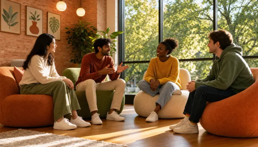 Quattro amici si riuniscono per fare il punto della situazione in inglese, seduti su comode poltrone davanti a una grande finestra.