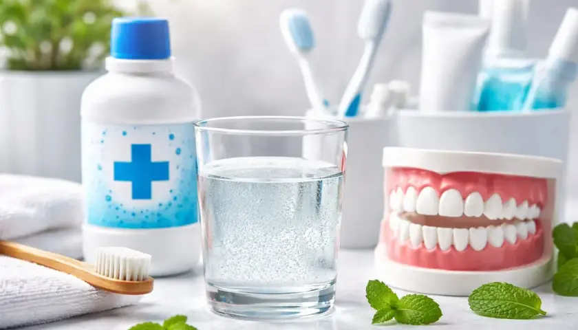 Igiene orale: collutorio, bicchiere d'acqua frizzante, dentifricio, spazzolini e un modello di denti per sciacqui con acqua ossigenata.