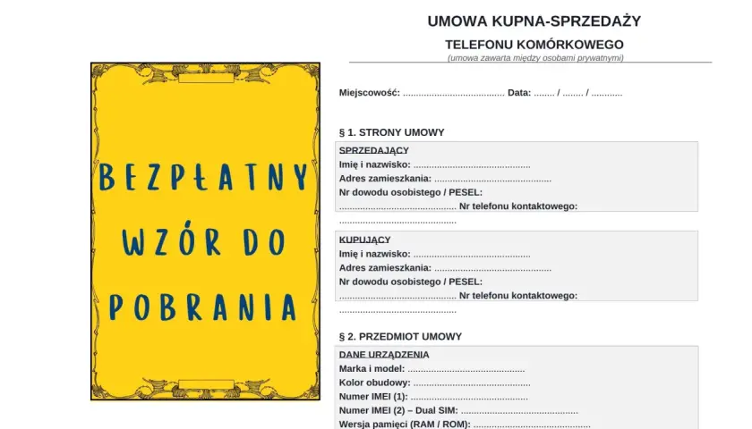 Umowa kupna sprzedaży telefonu komórkowego. Bezpłatny wzór do pobrania.