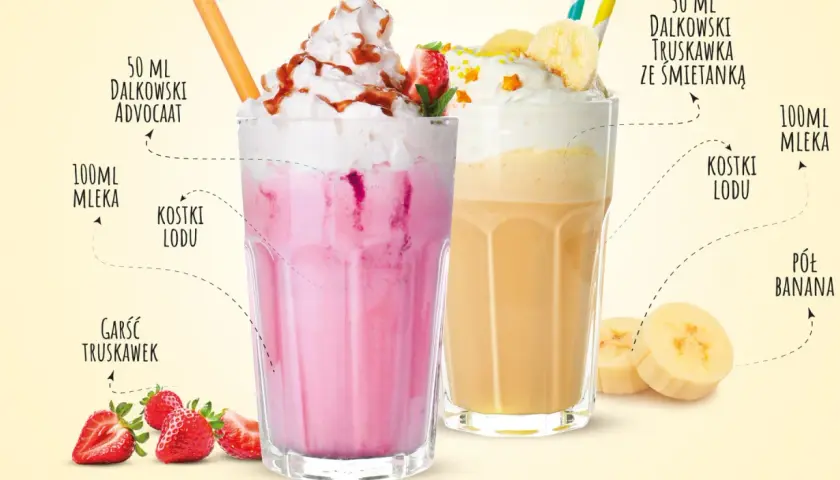 Dwa pyszne drinki: jeden truskawkowy, drugi bananowy. Oba z dodatkiem Dalkowski Advocaat i bitej śmietany.