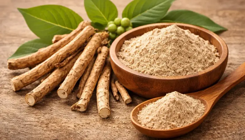 Radici e polvere di ashwagandha su fondo di legno. Informazioni su ashwagandha effetti collaterali.