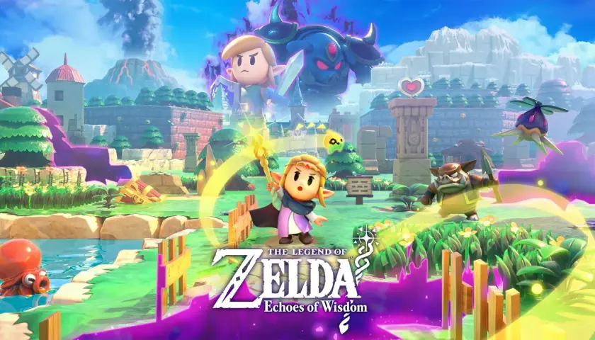 Link und Zelda im neuen Zelda: Echoes of Wisdom. Ein Oktorok, ein Moblin und ein dunkler Dämon bedrohen Hyrule.