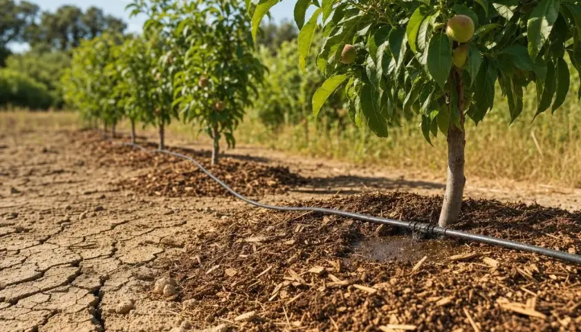 Ligne de jeunes pruniers en culture irriguée, avec des fruits naissants sur l'arbre le plus proche.