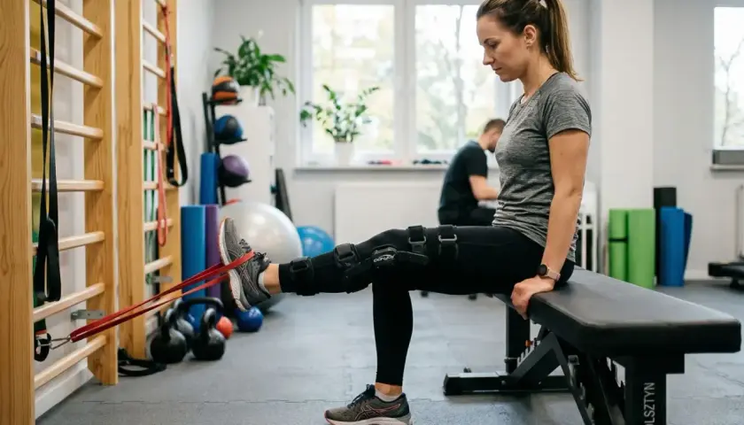 Kobieta w ortezie kolana wykonuje ćwiczenia z taśmą oporową, rehabilitując gonartrozę.