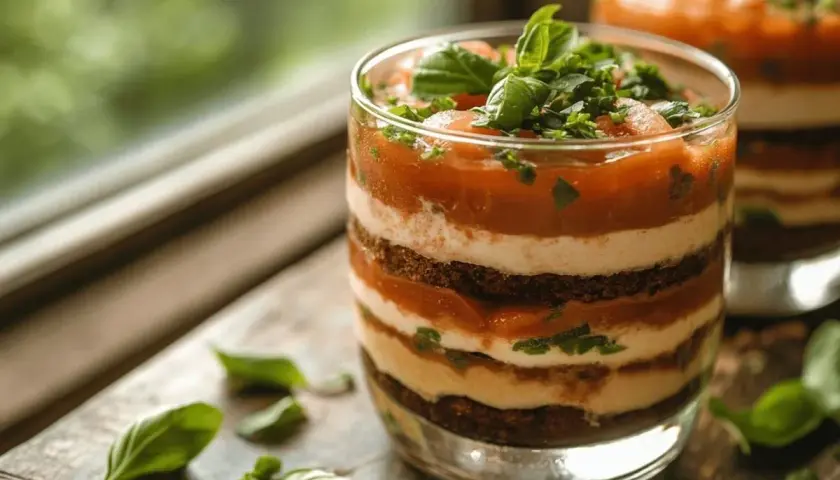 Un tiramisu salé gastronomique en couches, garni de basilic frais. Une création culinaire audacieuse et savoureuse.