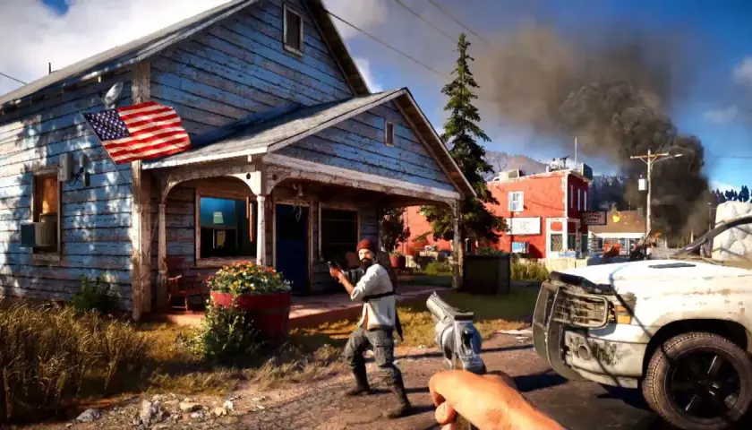 Akcja w stylu Far Cry 7: mężczyzna z karabinem przed domem, w tle dymiące budynki i płonący samochód.