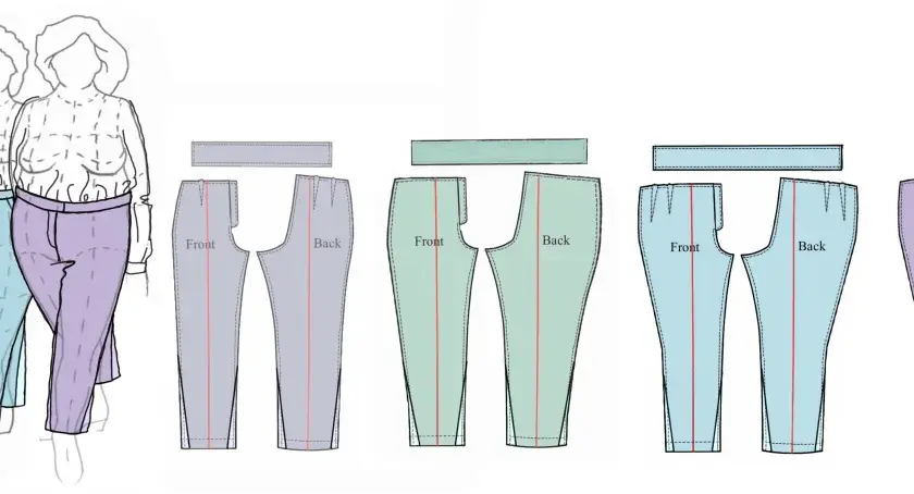 Four figures wear different colored trouser legs. Next to them are sewing patterns for front and back trouser legs in grey, green, blue, and purple.
