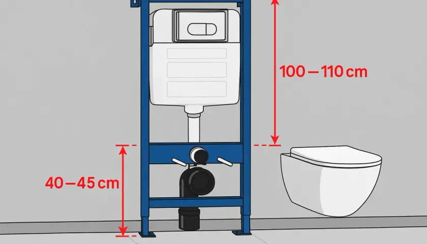 Instrukcja montażu: jaka wysokość geberitu od posadzki to 40-45 cm, a górna krawędź zbiornika 100-110 cm.