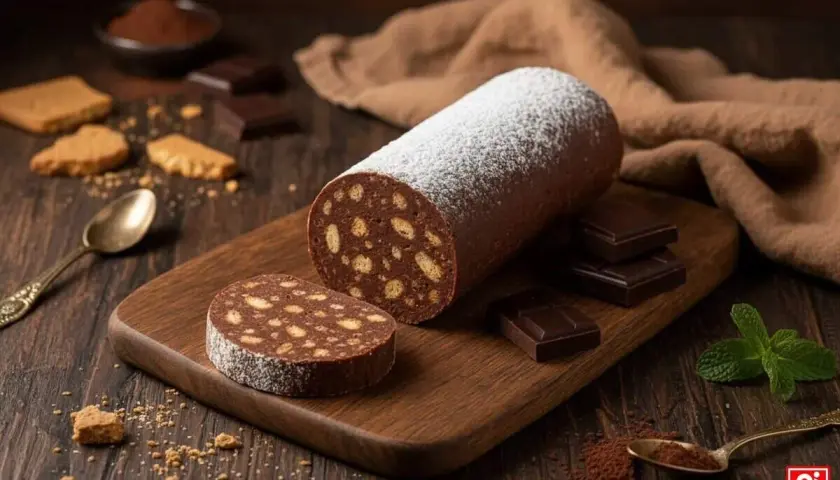 Un delizioso salame dolce al cioccolato, cosparso di zucchero a velo, su un tagliere di legno, con biscotti e cioccolato intorno.
