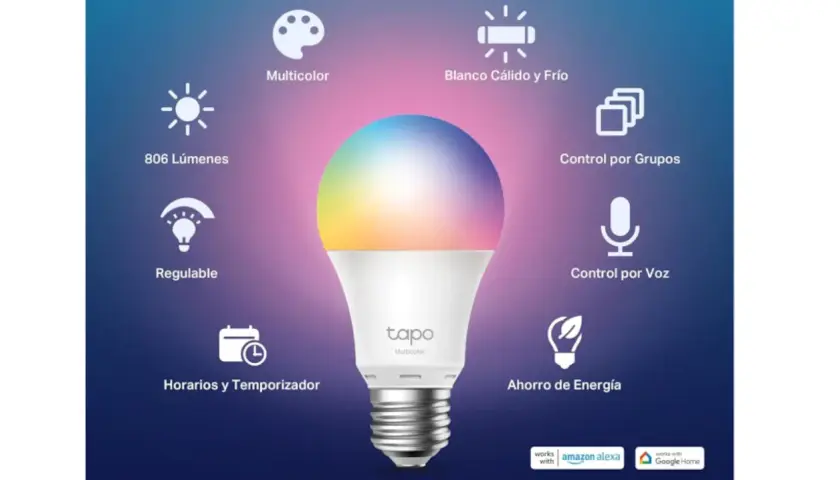 Bombilla inteligente multicolor con control por voz, grupos, horarios y ahorro de energía. Explora los tipos de bombillas inteligentes.