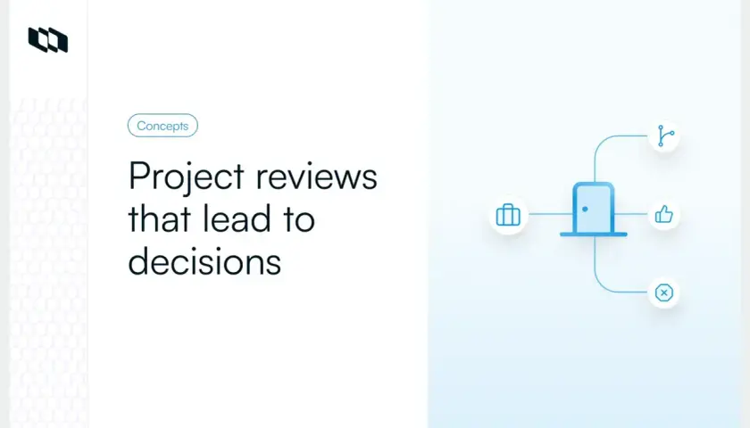 The purpose of project reviews is to define the process for achieving a positive outcome. Icons show a door, briefcase, thumbs up, and X.