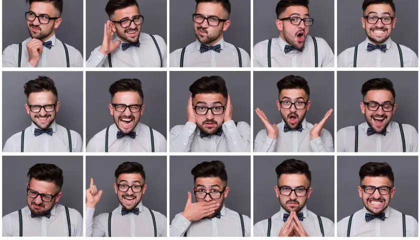 Kolaż zdjęć mężczyzny w okularach i muszce, pokazujący różne reakcje. Jak nie okazywać emocji na twarzy? Tutaj jest kilka przykładów.