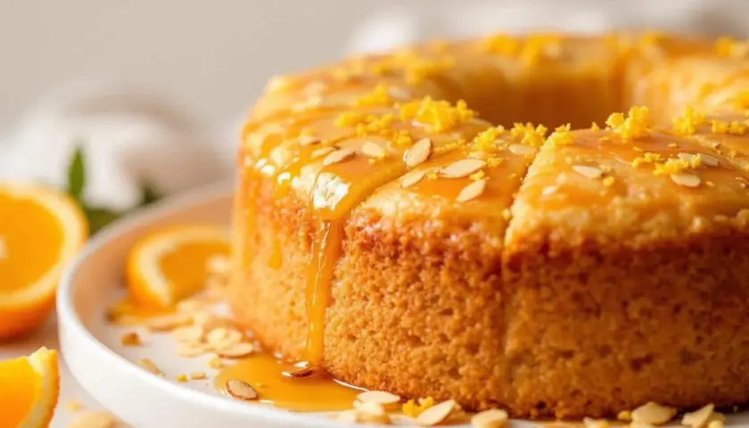 Gâteau semoule orange moelleux, nappé d'un glaçage doré, parsemé d'amandes effilées et de zestes d'orange.