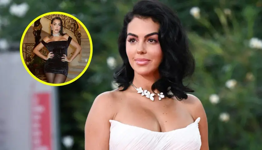 Georgina Rodriguez, żona Ronaldo, w eleganckiej białej sukni i czarnej kreacji w okręgu.