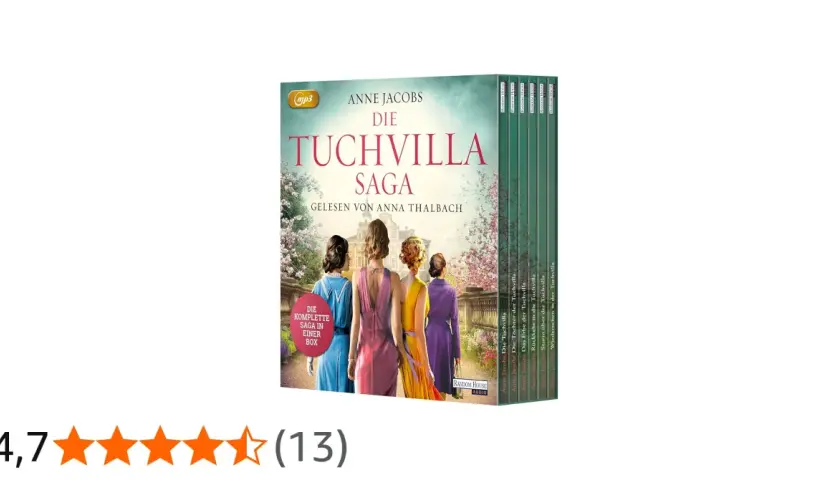 Die komplette "Die Tuchvilla Saga" von Anne Jacobs, eine wahre Begebenheit, als Hörbuch-Box. Vier Frauen blicken auf die Villa.