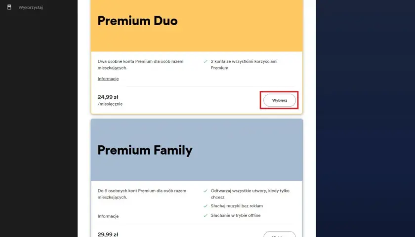 Spotify cena: Premium Duo za 24,99 zł/mies. dla dwóch osób, Premium Family za 29,99 zł/mies. dla sześciu.