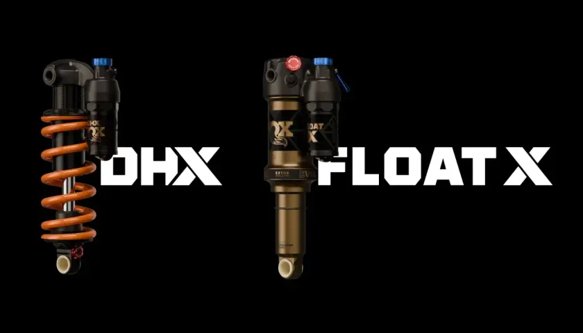 Two Fox bike suspension shocks, a coil DHX and an air FLOAT X, are displayed against a black background.