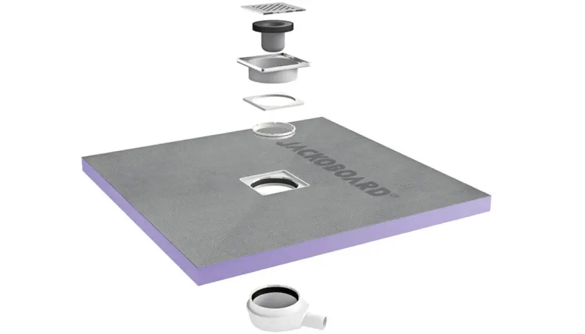 Composants d'un receveur à carreler Jackoboard, prêts pour une installation facile et une douche moderne.