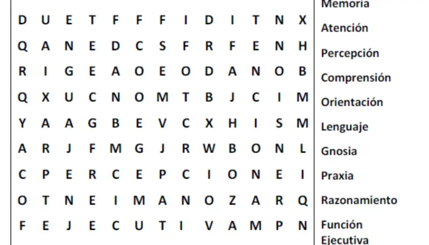 Una sopa de letras con términos cognitivos como "Memoria", "Atención" y "Lenguaje".
