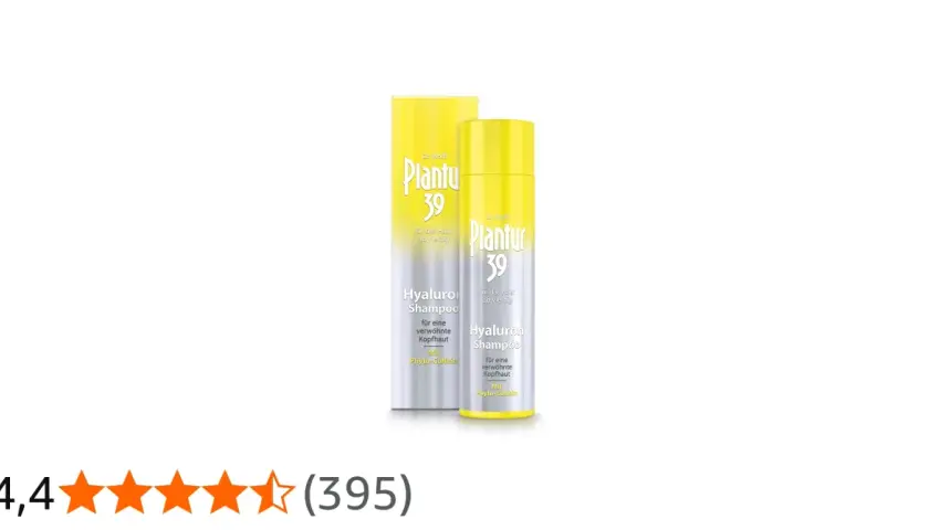 Två flaskor Plantur 39 Hyaluron Shampoo, för hår från 40 år. Ingen information om plantur 39 biverkningar syns.