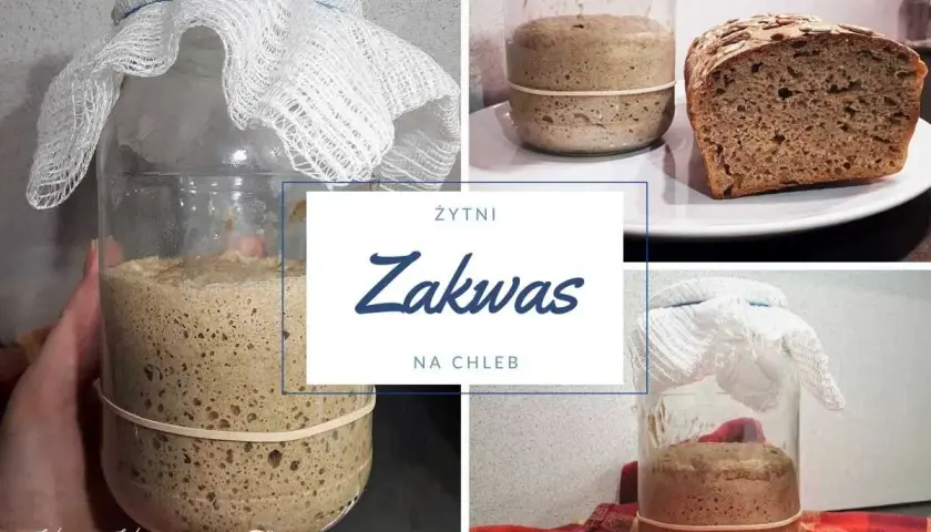 Kolaz z zakwasem żytnim w słoiku i kromką chleba.