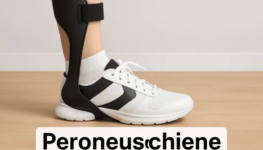 Ein Bein mit einer Peroneusschiene und weißem Schuh für einen sicheren Gang.